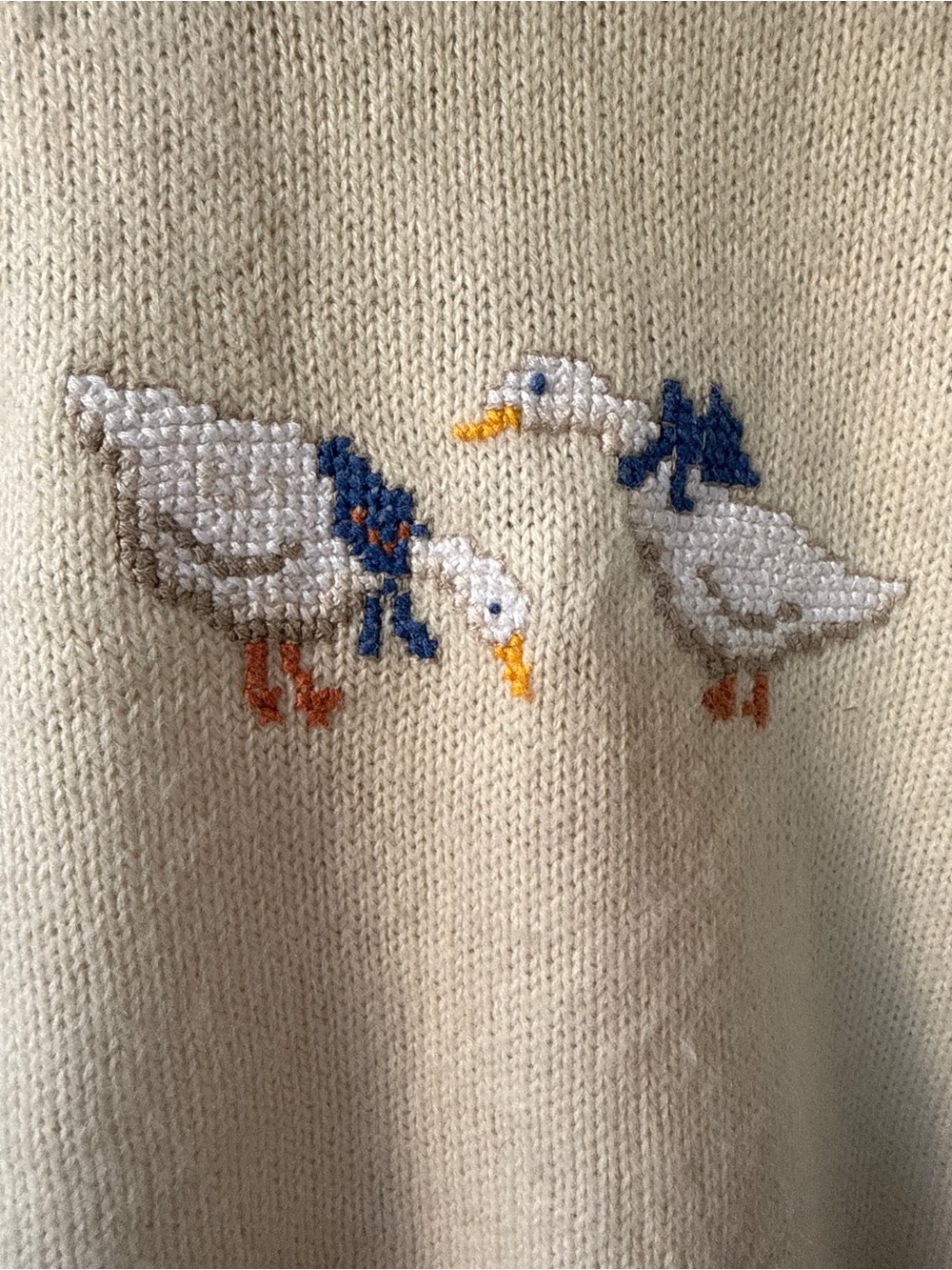 Vintage Cream Sweater with Blue-Accented Duck Embroidery